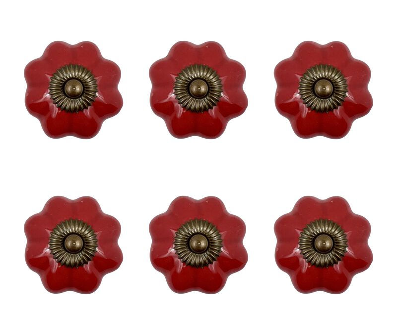 HomeRoots Set of Six Red Floral Knob Ceramic Drawer Pull Knobs image number 3