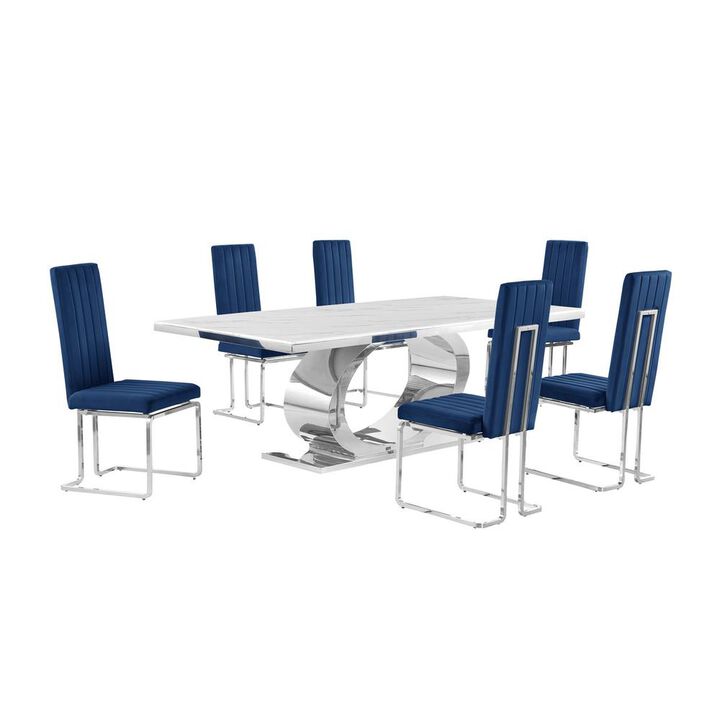 Best Quality Furniture 7pc Large(87) marble top dining set with silver base and 6 Navy blue chairs