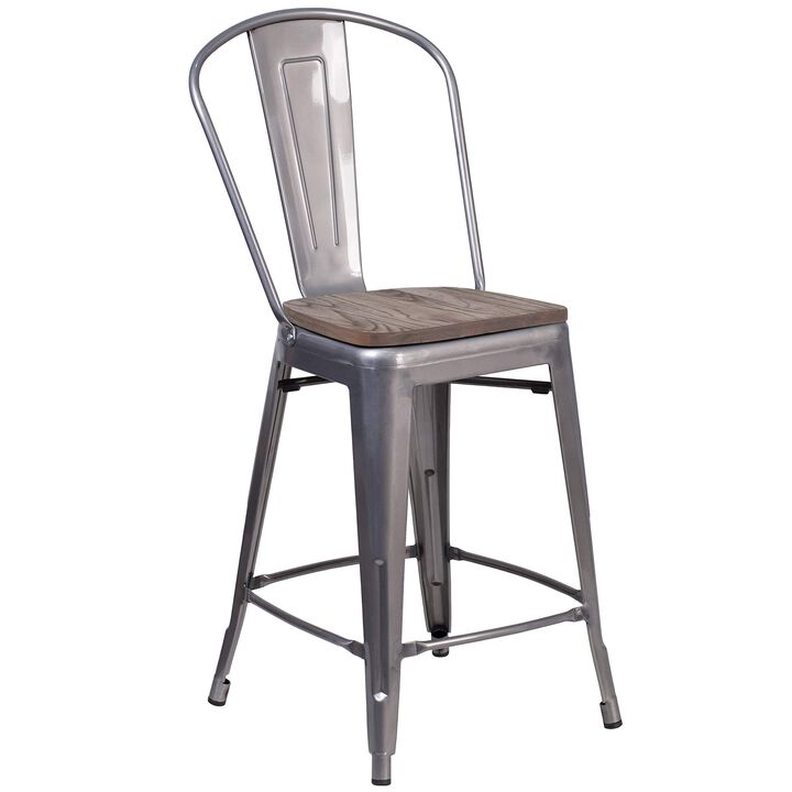 Flash Furniture 24" High Clear Coated Counter Height Stool with Back and Wood Seat