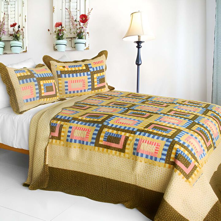 3 Piece Queen Size Cotton Printed Quilt Set with Vermicelli Quilted Dream High Design-Yellow