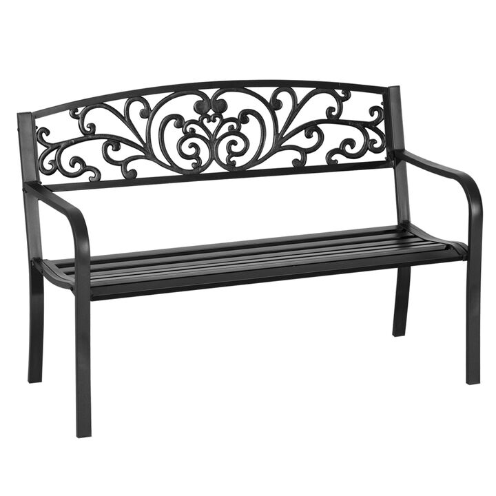50" Outdoor Bench, Metal Garden Bench With Floral Pattern Backrest, Porch Bench With Slatted Seat