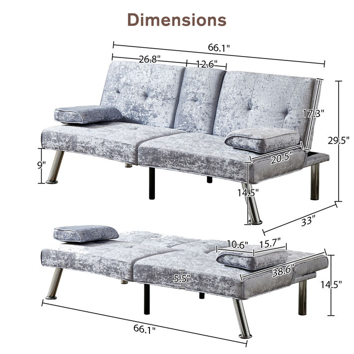 Sofa Bed Velvet, 66" Loveseat Futon Sofa Bed with Removable Armrests, Adjustable Reliner Guest Bed Daybed for Small Space, Cup Holders, 3 Angles, Gray