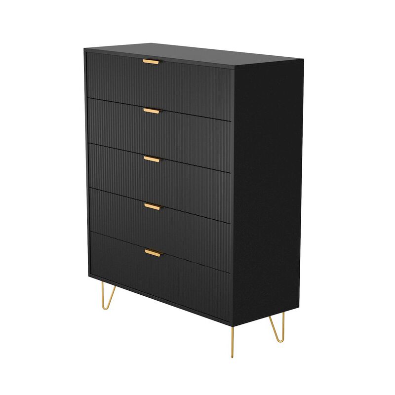 5-Drawer Chest in MDF Wood with Gold Metal Legs and Handles. (Black)