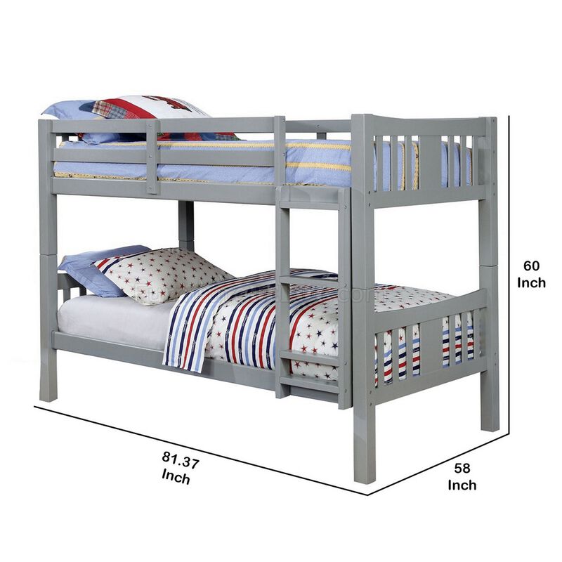 Slatted Twin Over Twin Bunk Bed with Attached Ladder, Gray-Benzara