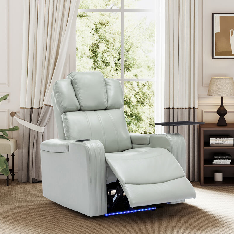 Whisen PU Leather Power Recliner with Cup Holder, Bluetooth Speaker, LED Lights, USB Ports, Tray Table and Arm Storage