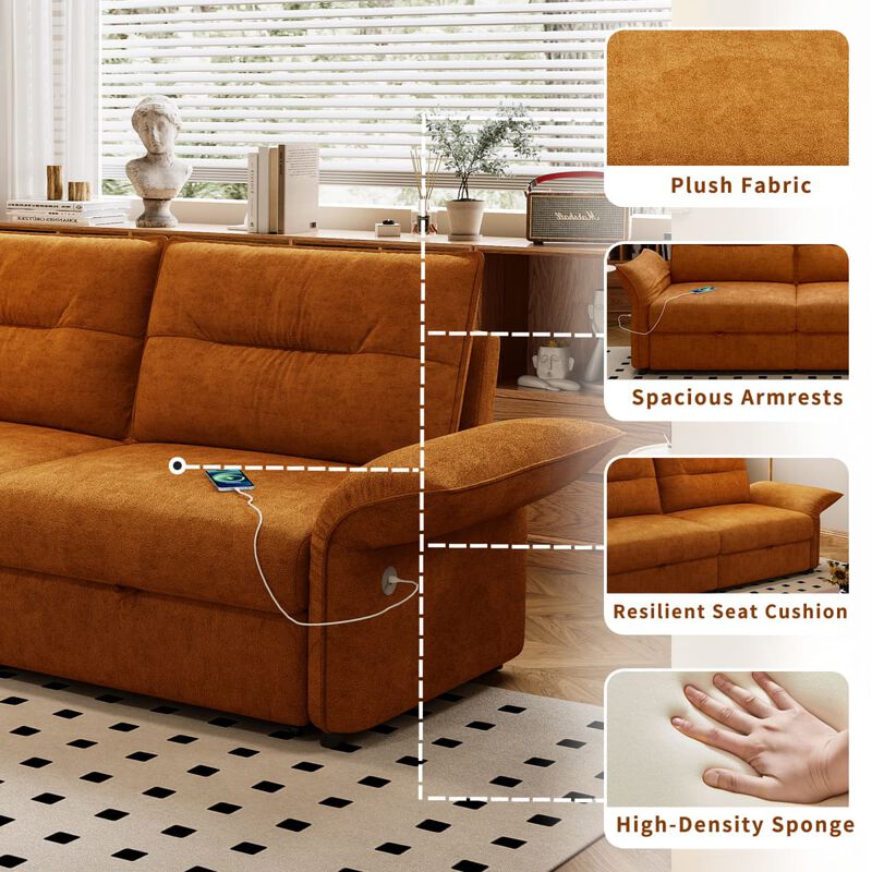 Convertible sleeper sofa bed, Plush fabric pull out futon with USB charging ports, 85 inch sofa bed for small spaces image number 8