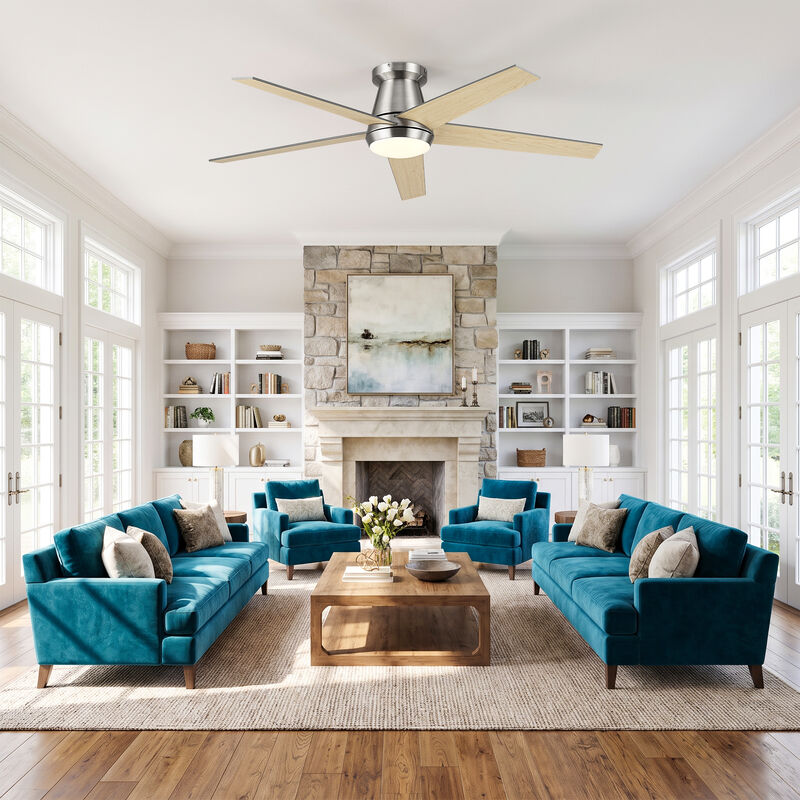 52" Satin Nickel Modern Flush Mount Dimmable Reversible 5 Blades Hugger Ceiling Fan with APP Control and Remote image number 3