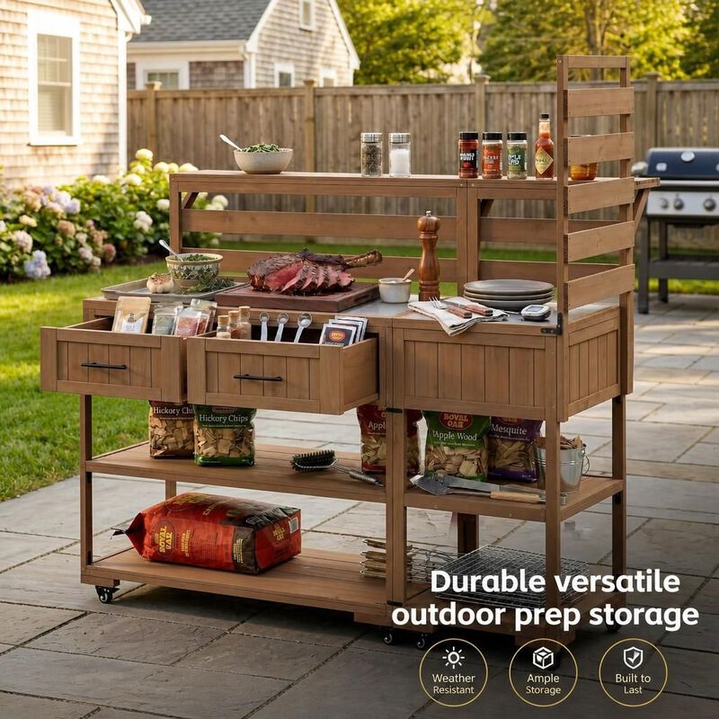ELEMENT ACE Large Modular Outdoor Kitchen Island Cart Grill Prep Table With Storage Drawers Raised Shelf For BBQ Patio Garden Potting image number 4