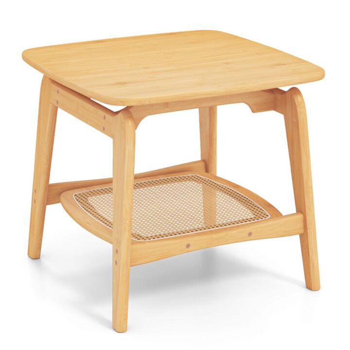 Hivvago Boho Bamboo Sofa Side Table with Faux Rattan Storage Shelf