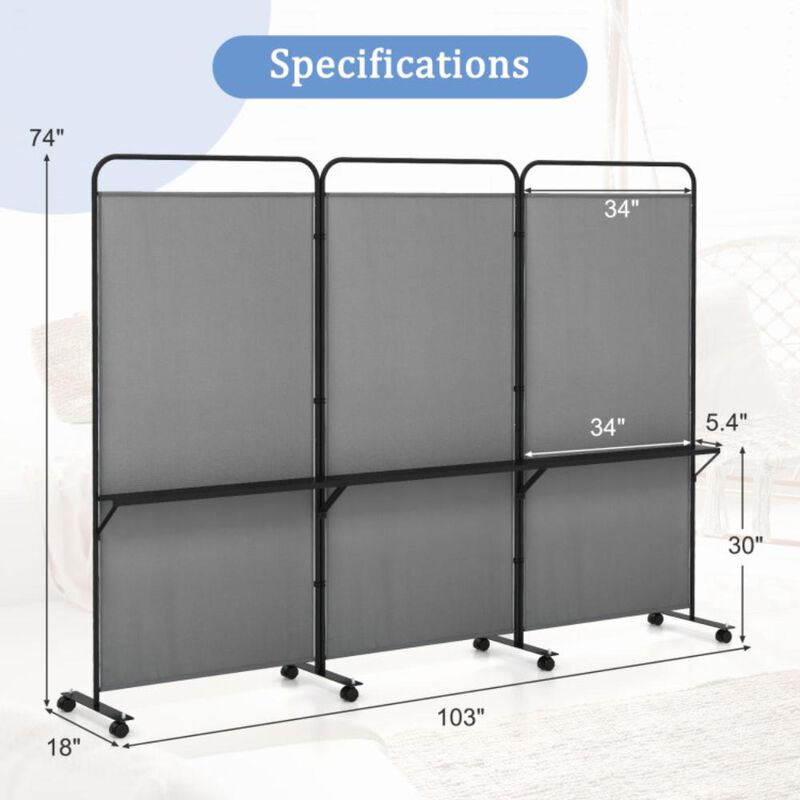 Hivvago 3-Panel Folding Room Divider with 3 Metal Shelves and Lockable Wheels