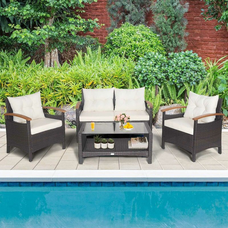 Mondawe 4 Pieces Patio Rattan Furniture Set with Cushioned Sofa and Storage Table