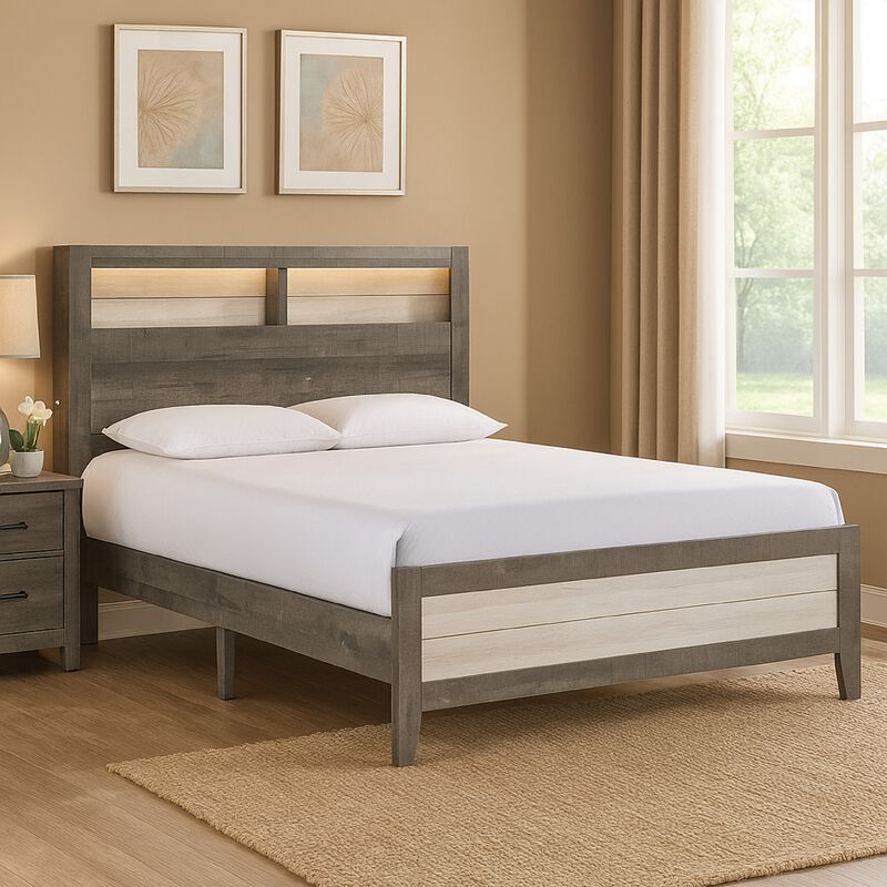 Ruthe Low Profile Queen Panel Bed with Built-In Lights, Ash Gray Wood