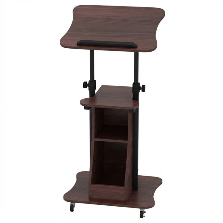 Mobile Podium Stand with Adjustable Height, Tilting Tabletop and Storage
