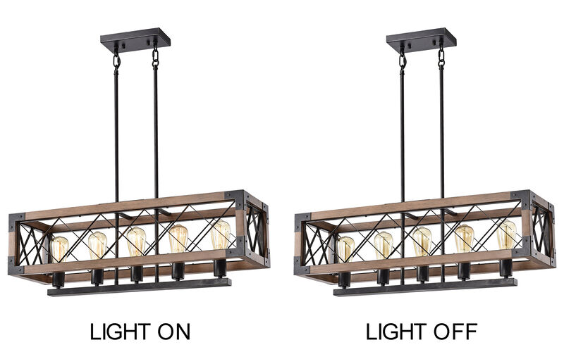 Adela Antique Black 5-light Rectangular Metal and Natural Wood Chandelier image number 6