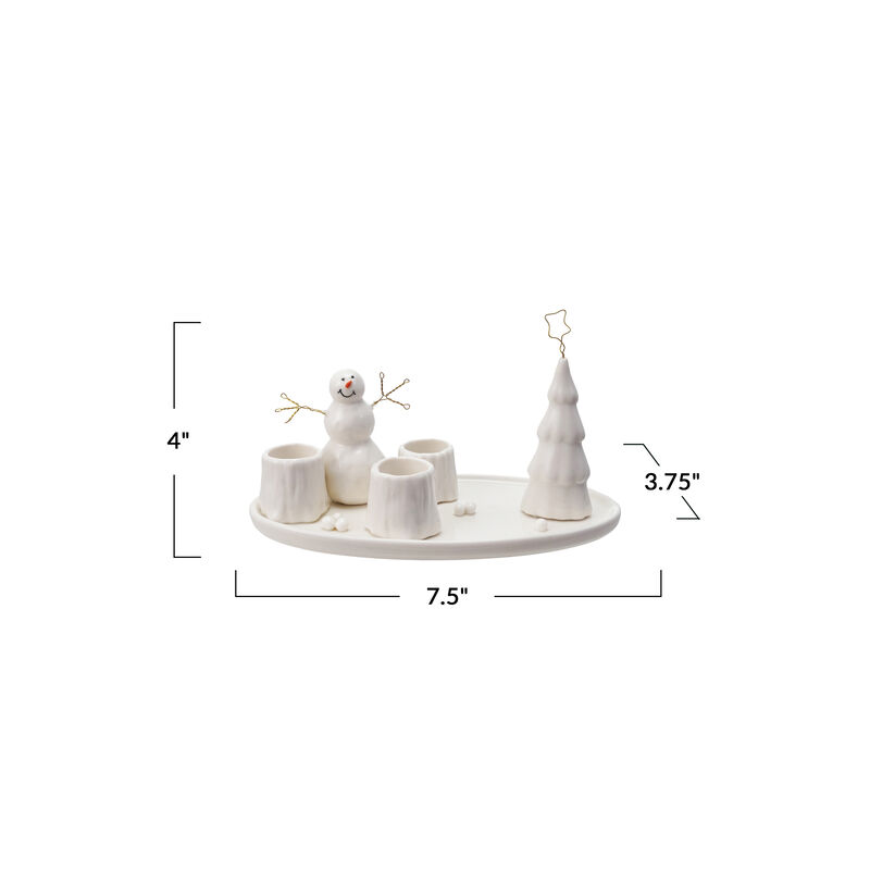 Stoneware and Wire Taper Holder with Snowman and Tree, White image number 1