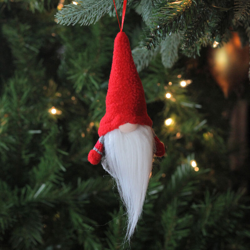 6&rdquo; Tiny Gray and Red Striped Faux Fur Christmas Santa Gnome Ornament image number 2