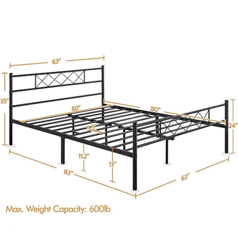 Metal Platform Bed Frame Traditional Style with Powder Coated Finish and Slatted Base