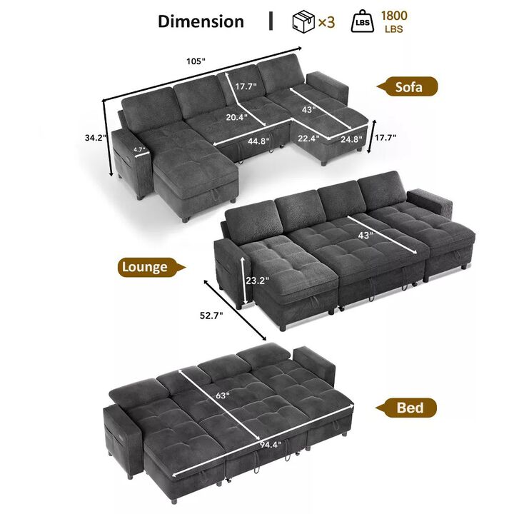 105" U-Shaped Sleeper Sofa Bed, Chenille Pull Out Couch with Reversible Storage Chaise, 5-Position