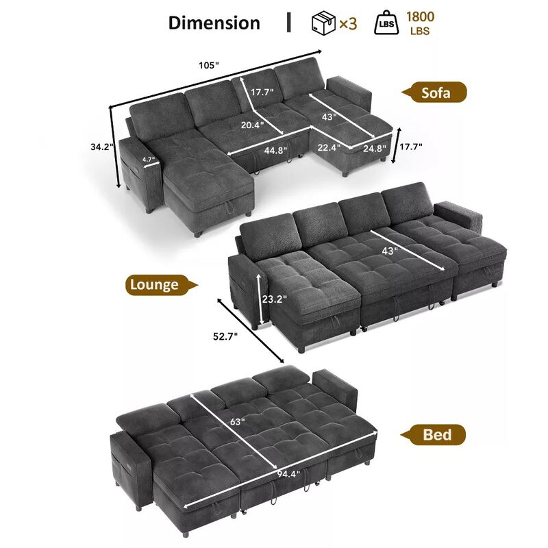 105" U-Shaped Sleeper Sofa Bed, Chenille Pull Out Couch with Reversible Storage Chaise, 5-Position image number 1