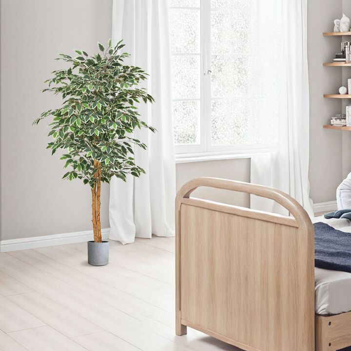 Indoor Artificial Ficus Plant with Wood Trunk, Black Pot and Lifelike Green Leaves