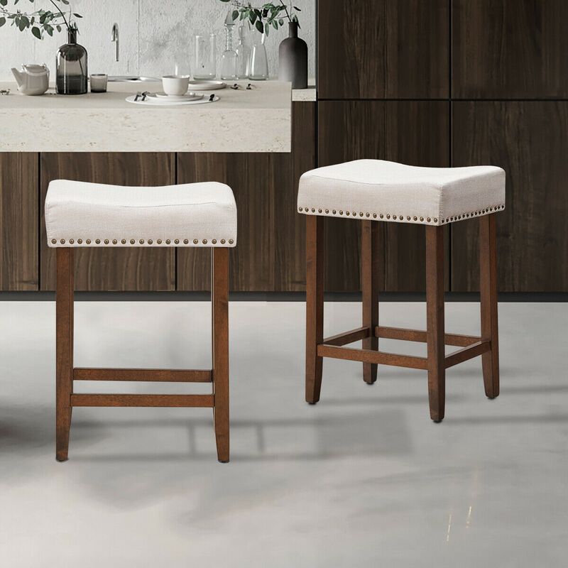 2 Pieces Nailhead Saddle Bar Stools with Fabric Seat and Wood Legs