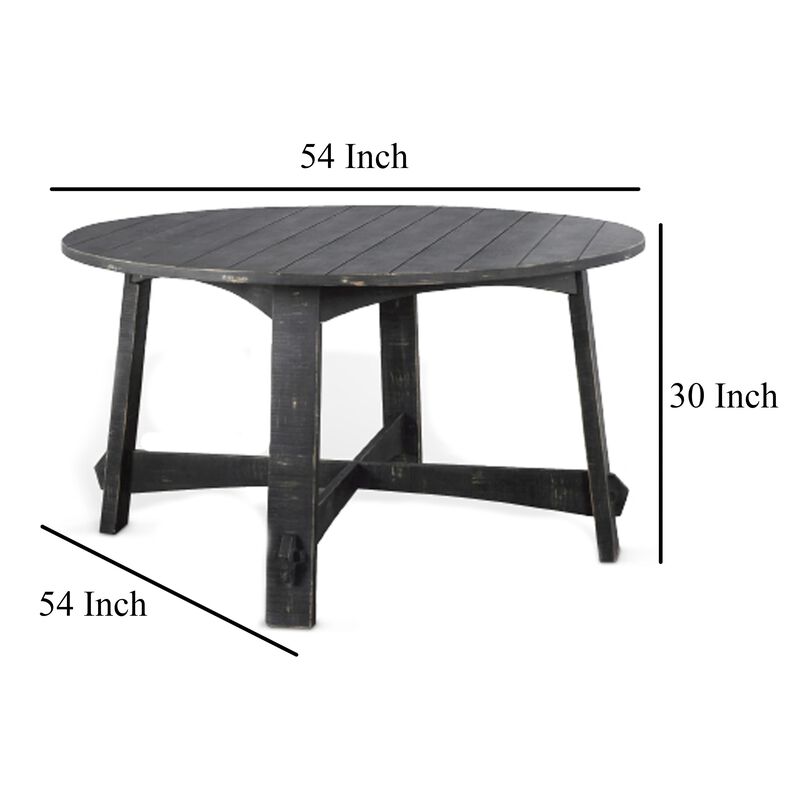 Rena Dining Table, 54 Inch Round Planked Black Smoke Mahogany Wood - Benzara