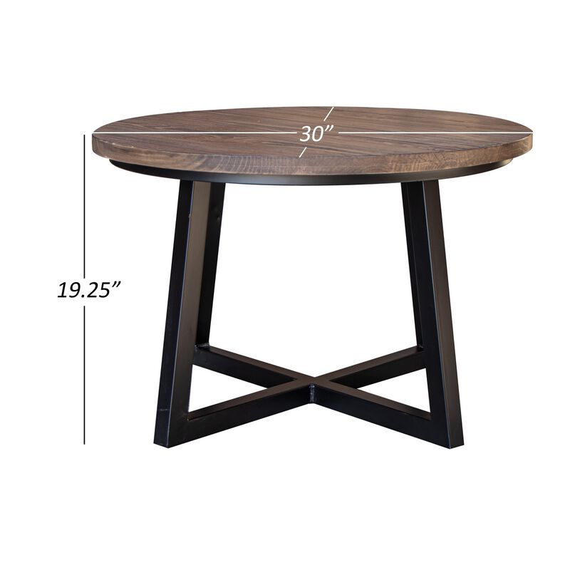 Rome 30 Inch Cocktail Coffee Table, Round, Black Iron Base, Brown Pine Wood-Benzara image number 5