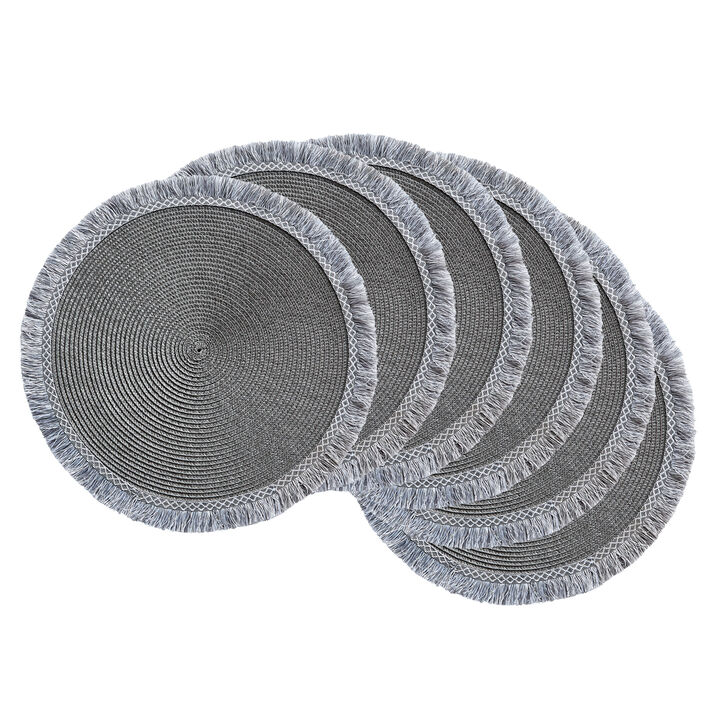 Set of 6 Gray Round Fringed Placemat  14.75"