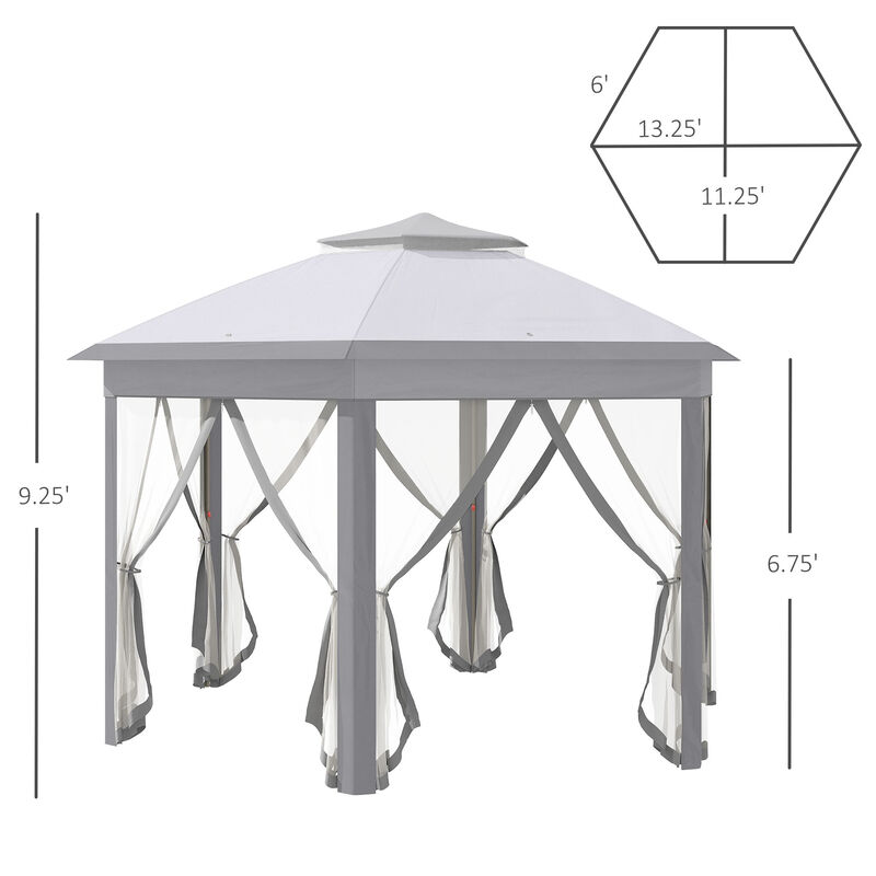 Outsunny 13' x 13' Pop Up Gazebo, Hexagonal Canopy Shelter with 6 Zippered Mesh Netting, Event Tent with Strong Steel Frame for Patio Backyard Garden Wedding Party, Gray