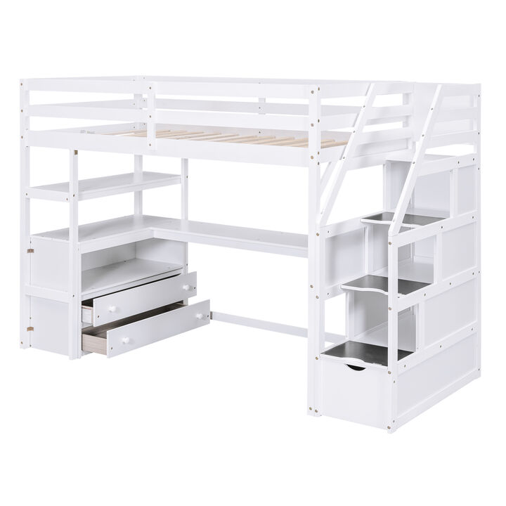 Merax  Loft Bed with Desk and Shelves, Two Built-in Drawers