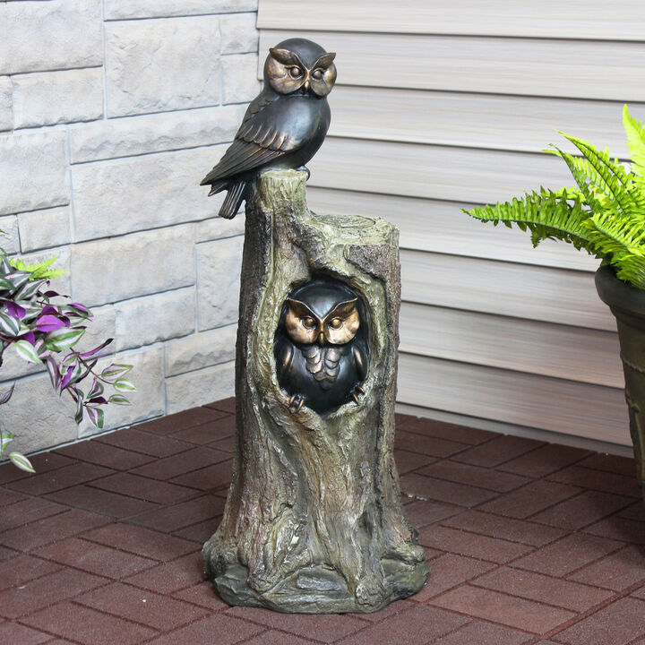 Sunnydaze Owl Duo on Tree Stump Polyresin Outdoor Statue - 31 in