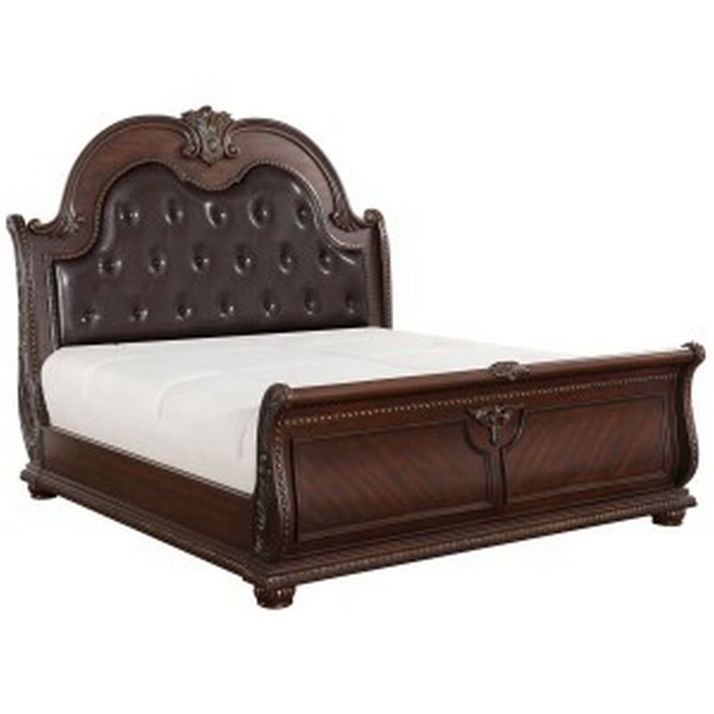 Caitlin Classic Queen Sleigh Bed, Tufted Arch Headboard, Brown Faux Leather - Benzara image number 0
