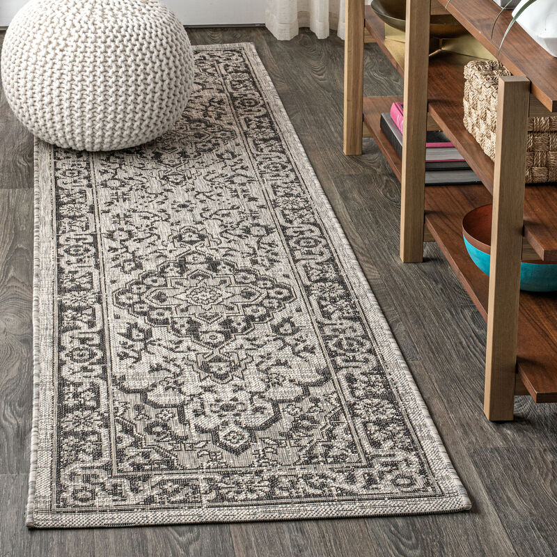 Rozetta Boho Medallion Textured Weave Gray/Black. Indoor/Outdoor Runner Rug