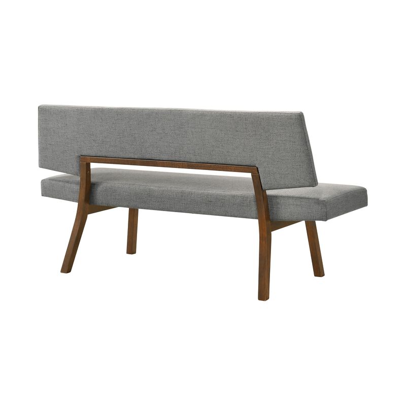 Yumi 63 Inch Dining Bench, Seat and Back with Charcoal Fabric, Walnut  - Benzara