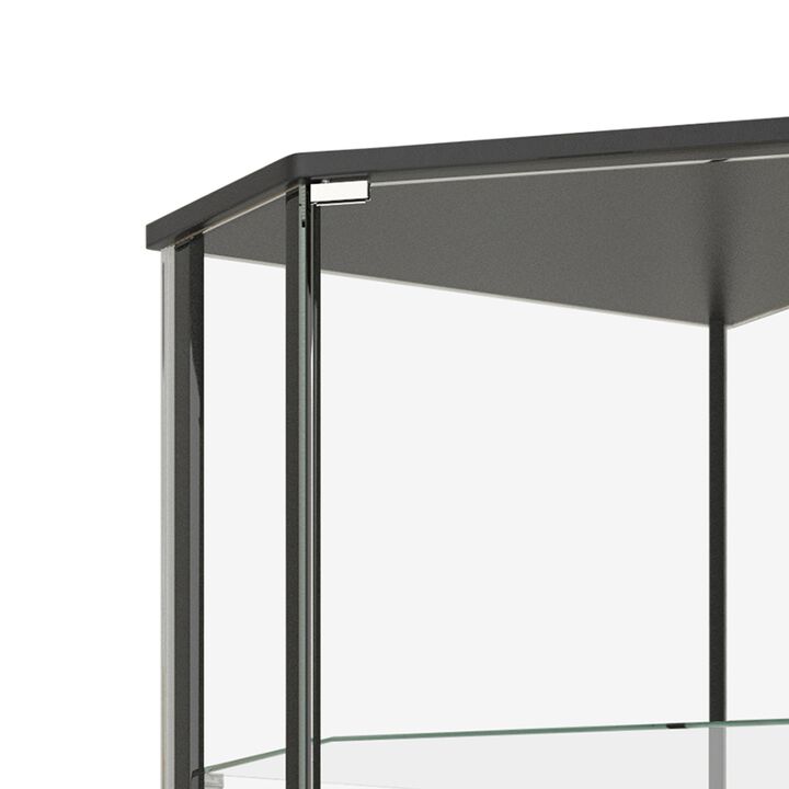 Metal Curio Cabinet with 1 Door and 3 Glass Shelves, Black - Benzara