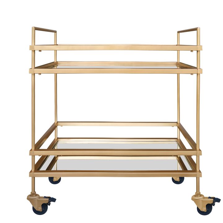 Modern Style Tubular Iron Bar Cart with 2 Mirrored Shelves, Gold-Benzara