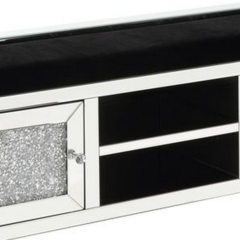 Mirrored Bench with Faux Diamonds and 2 Door Cabinets, Silver-Benzara image number 3