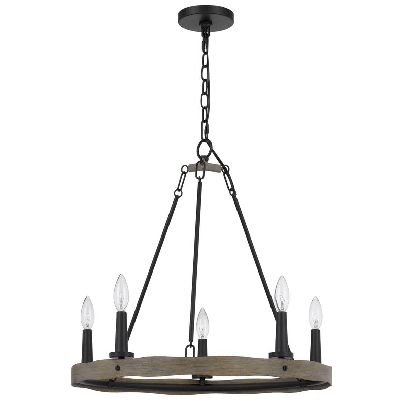 Stomy 23 Inch Chandelier, Brown Wood Wheel Design, Black Metal Chain - Benzara