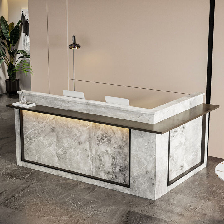 FUFU&GAGA Modern Reception Desk with LED Light Strips, Large Work Surface, Storage Cabinets & Open Shelves, Marble & Brown Finish (94.5 in.  W x 63 in.  D x 41.3 in.  H)