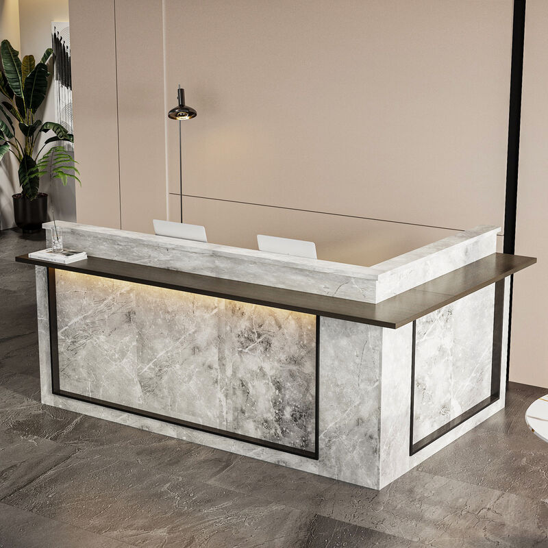 FUFU&GAGA Modern Reception Desk with LED Light Strips, Large Work Surface, Storage Cabinets & Open Shelves, Marble & Brown Finish (94.5 in.  W x 63 in.  D x 41.3 in.  H)