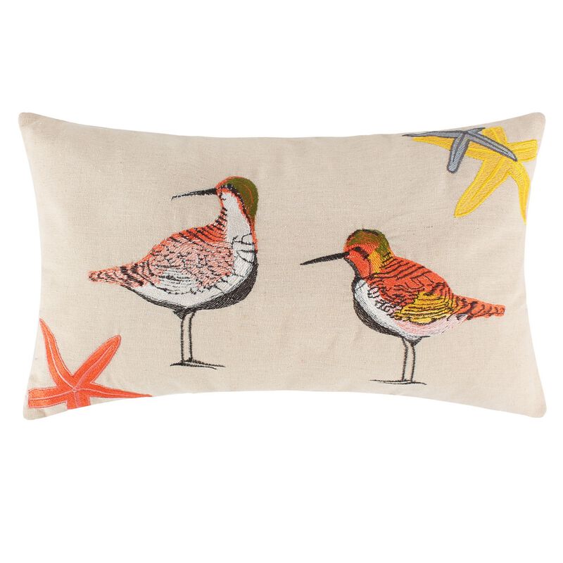 Vira 20 Inch Throw Pillow, Hand Embroidered Shorebirds, Canvas and Linen-Benzara