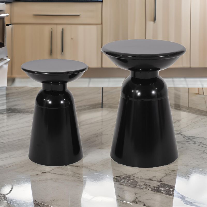 Side End Table Set of 2, Round Taper Top, Pedestal Base, Black Metal