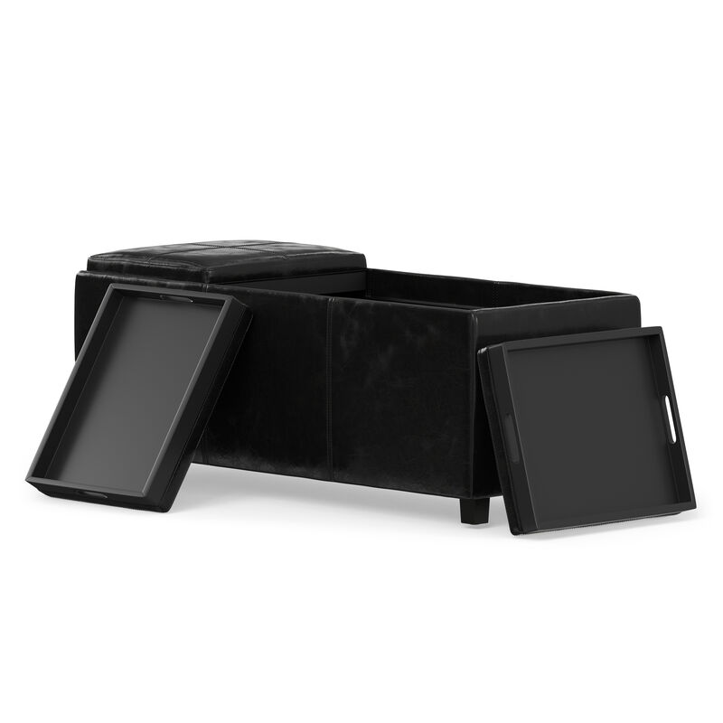 Avalon 42 inch Wide Contemporary Rectangle Storage Ottoman in Distressed Black Vegan Faux Leather, Assembled image number 3