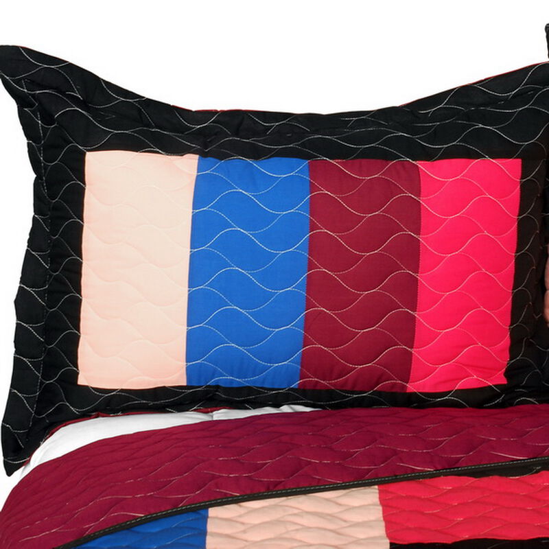 3 Piece Queen Size Quilt Set with Vermicelli Quilted Patchwork Design for Bedroom-pink image number 2