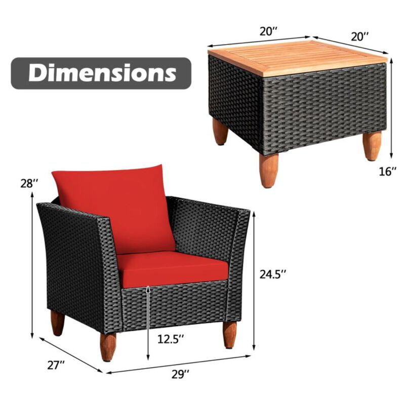 Hivvago 3 Pieces Patio Wicker Furniture Set with Cushions and Acacia Wood Coffee Table Outdoor