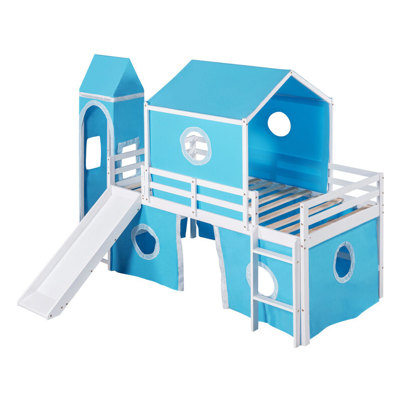 Twin Size Bunk Bed with Slide Blue Tent and Tower - Blue