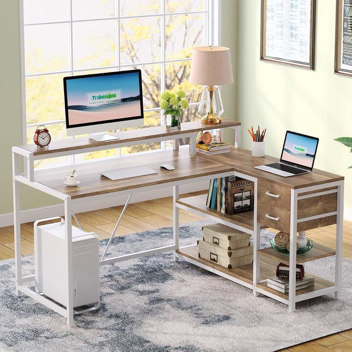 Tribesigns L Shaped Computer Desk, Reversible Corner Desk with Drawer Cabinet, Home Office Desk with 3 Drawers and 2 Shelves, L Shaped Office Desk with Storage and Metal Legs, White