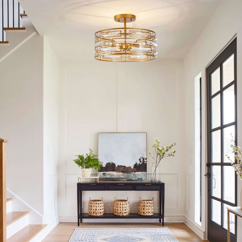 Ariel 3-Light Drum Shade Clear Glass Prism Flush Mount - Medium‑gloss Brushed Brass Finish image number 2