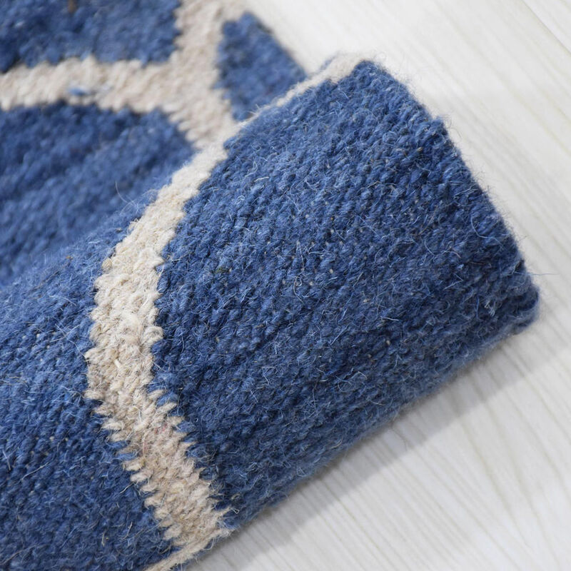 RUGSOTIC CARPETS HAND WOVEN FLAT WEAVE KILIM WOOL ECO-FRIENDLY AREA RUGS  - 4'x6', Rectangle Shape, Blue White Color, Contemporary Modern Design, Low Pile Handmade Rugs for Living Room (D00129)