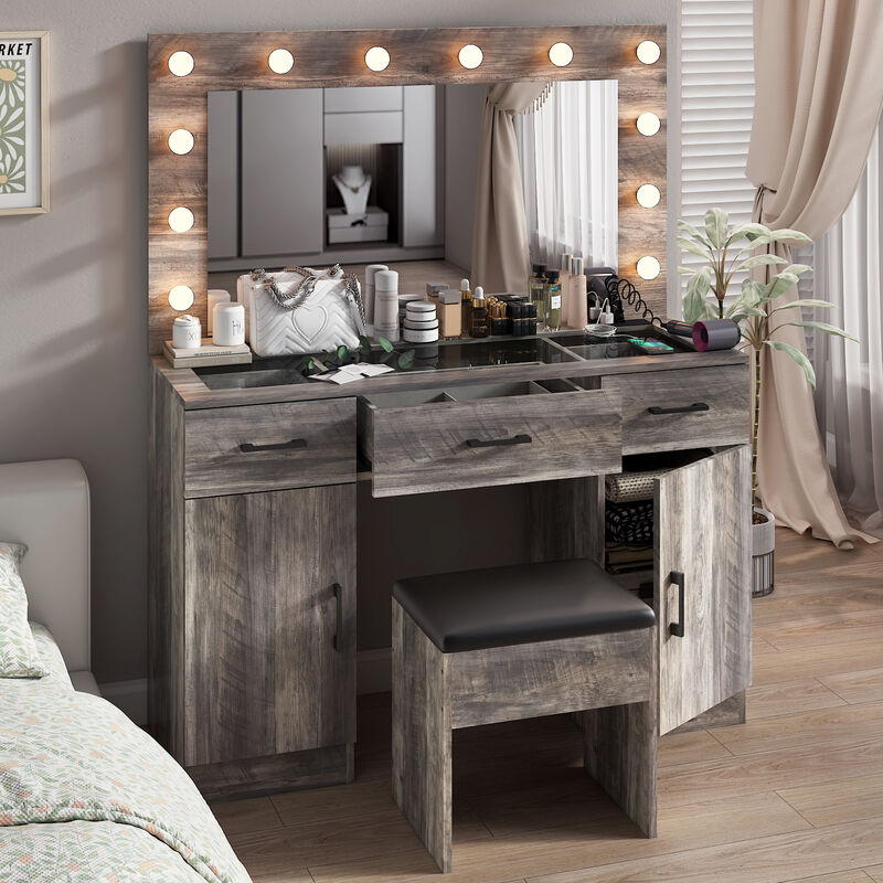 Vanity Desk Set with Large Lighted Mirror – Elegant Makeup Table with LED Mirror, Stool, and Storage Drawers
